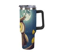 DWTJKMS Bicchiere in acciaio inox con gufo e luna gialla, a prova di perdite, grande capacità, con manico, cannuccia a doppia parete, riutilizzabile, mantiene freddo o caldo, stile nero