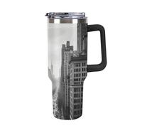 DWTJKMS Bicchiere in acciaio inox New York bianco e nero da 1,18 l, a prova di perdite, grande capacità, con manico, cannuccia a doppia parete, riutilizzabile, mantiene freddo o caldo, stile nero