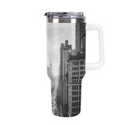 DWTJKMS Bicchiere in acciaio inox New York bianco e nero da 1,18 l, a prova di perdite, grande capacità, con manico, cannuccia a doppia parete, riutilizzabile, mantiene freddo o caldo in stile bianco