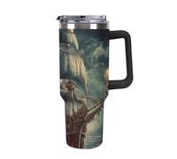 DWTJKMS Bicchiere nautico vintage in acciaio inox a forma di nave pirata da 1180 ml, a prova di perdite, grande capacità, con manico, cannuccia a doppia parete, isolamento sottovuoto, riutilizzabile