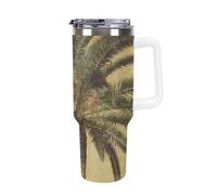 DWTJKMS Bicchiere tropicale in acciaio inossidabile con palma, 1,18 l, a prova di perdite, grande capacità, tazza per auto con manico e cannuccia, a doppia parete, riutilizzabile, mantiene freddo o