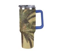 DWTJKMS Bicchiere tropicale in acciaio inox con palma, 1,18 l, a prova di perdite, grande capacità, tazza per auto con manico e cannuccia, a doppia parete, riutilizzabile, mantiene freddo o caldo in