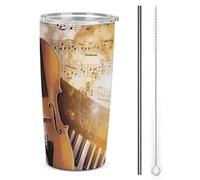 DWTJKMS Bicchieri per auto con note musicali per pianoforte, violino, con cannuccia, in acciaio inox, a prova di perdite, con coperchio, grande capacità, regalo per donne e uomini