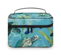 DWTJKMS Borsa per il trucco blu tartaruga marina, organizer per cosmetici, grande capacità portatile, borse da viaggio da donna, con manico e divisore