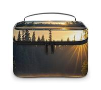 DWTJKMS Borsa per il trucco con alba sul lago, organizer per cosmetici, grande capacità portatile, borsa da viaggio da donna, con manico e divisore