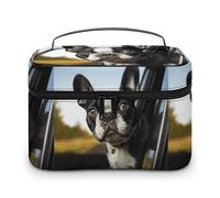 DWTJKMS Borsa per il trucco con cucciolo di cane Boston Terrier, custodia organizer per cosmetici, grande capacità portatile, borse da viaggio da donna, con manico e divisore