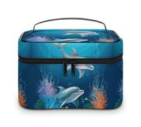 DWTJKMS Borsa per il trucco con delfino e pesce, custodia organizer per cosmetici, grande capacità portatile, borse da viaggio da donna, con manico e divisore