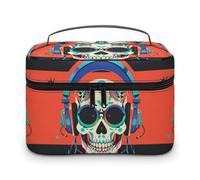DWTJKMS Borsa per il trucco con teschio con auricolari punk rock, custodia organizer per cosmetici, grande capacità portatile, borse da viaggio da donna, con manico e divisore