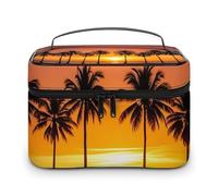 DWTJKMS Borsa per il trucco da spiaggia con tramonto tropicale, organizer per cosmetici, grande capacità portatile, borse da viaggio da donna, con manico e divisore