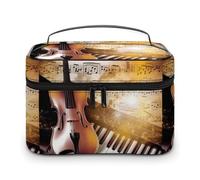 DWTJKMS Borsa per trucco con note musicali per pianoforte, violino, organizer per cosmetici, grande capacità, borsa da trucco da viaggio da donna, con manico e divisore