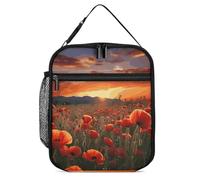 DWTJKMS Borsa termica per il pranzo con campo di papaveri rossi al tramonto, a prova di perdite, per uomini e donne, con manico, riutilizzabile, isolata, per ufficio, lavoro, picnic