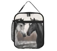 DWTJKMS Borsa termica per il pranzo con cavalli bianchi e neri, a prova di perdite, per uomini e donne, con manico, riutilizzabile, isolata, per ufficio, lavoro, picnic