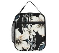 DWTJKMS Borsa termica per il pranzo con fiori hawaiani bianchi e neri, a prova di perdite, per uomini e donne, con manico, riutilizzabile, isolata, per ufficio, lavoro, picnic