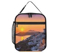 DWTJKMS Borsa termica per il pranzo con isola della Grecia, paesaggio tramonto, a prova di perdite, per uomini e donne, con manico, riutilizzabile, isolata, per ufficio, lavoro, picnic