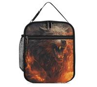 DWTJKMS Borsa termica per il pranzo, motivo: lupo selvatico nel fuoco, a prova di perdite, per uomini e donne, con manico, riutilizzabile, isolata, per ufficio, lavoro, picnic