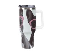 DWTJKMS Bulldog francese occhiali rosa in acciaio inox Tumbler 1,18 once a prova di perdite grande capacità tazza auto con manico paglia doppia parete sottovuoto isolato tazza riutilizzabile mantiene