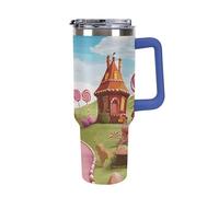 DWTJKMS Candy Land - Bicchiere da auto in acciaio inox, a prova di perdite, grande capacità, con manico, cannuccia a doppia parete, riutilizzabile, mantiene freddo o caldo, stile blu scuro