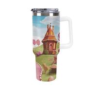 DWTJKMS Candy Land - Bicchiere da auto in acciaio inox, a prova di perdite, grande capacità, con manico, cannuccia a doppia parete, riutilizzabile, mantiene freddo o caldo, stile bianco