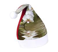 DWTJKMS Cappello di Babbo Natale con orchidea bianca nello stagno, cappello di Natale classico in pelliccia, cappello spesso per feste di Natale con paillettes, divertente berretto invernale per