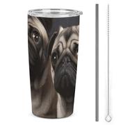 DWTJKMS Carino animale domestico carlino tazze con cannuccia isolato in acciaio inox bicchieri a tenuta stagna tazze da caffè in metallo con coperchio bottiglie d'acqua di grande capacità regalo per