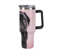 DWTJKMS Carino carlino nero in acciaio inox Tumbler 1,18 once a prova di perdite grande capacità tazza auto con manico cannuccia doppia parete sottovuoto tazza isolante riutilizzabile mantiene freddo