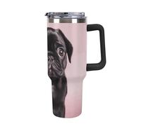 DWTJKMS Carino carlino nero in acciaio inox Tumbler 1,18 once a prova di perdite grande capacità tazza auto con manico cannuccia doppia parete sottovuoto tazza isolante riutilizzabile mantiene freddo