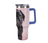 DWTJKMS Carino carlino nero in acciaio inox Tumbler 1,18 once a prova di perdite grande capacità tazza auto con manico cannuccia doppia parete sottovuoto tazza isolante riutilizzabile mantiene freddo