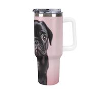 DWTJKMS Carino carlino nero in acciaio inox Tumbler 1,18 once a prova di perdite grande capacità tazza auto con manico cannuccia doppia parete sottovuoto tazza isolante riutilizzabile mantiene freddo