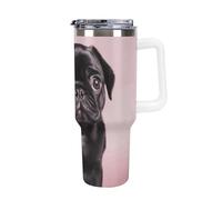 DWTJKMS Carino carlino nero in acciaio inox Tumbler 1,18 once a prova di perdite grande capacità tazza auto con manico cannuccia doppia parete sottovuoto tazza isolante riutilizzabile mantiene freddo