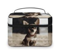 DWTJKMS Carino Chihuahua Makeup Bag, Cosmetici Organizer Caso Grande Capacità Portatile Make Up Borse Donne Viaggio Toiletry Borse con Maniglia E Divisore