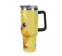 DWTJKMS Carino giallo pollo in acciaio inox Tumbler 1,18 once a prova di perdite grande capacità tazza auto con manico paglia doppia parete sottovuoto isolato tazza riutilizzabile mantiene freddo o