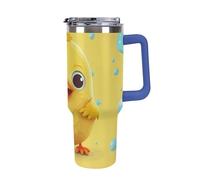 DWTJKMS Carino giallo pollo in acciaio inox Tumbler 1,18 once a prova di perdite grande capacità tazza auto con manico paglia doppia parete sottovuoto isolato tazza riutilizzabile mantiene freddo o