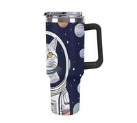 DWTJKMS Cat in Spacess - Bicchiere in acciaio inox da 1,18 l, a prova di perdite, grande capacità, con manico, cannuccia a doppia parete, isolamento sottovuoto, riutilizzabile, mantiene freddo o caldo