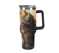DWTJKMS Cat Kiss - Bicchiere in acciaio inox da 1,18 l, a prova di perdite, grande capacità, con manico, cannuccia a doppia parete, isolamento sottovuoto, riutilizzabile, mantiene freddo o caldo