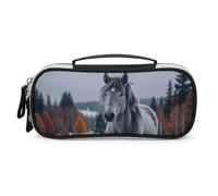 DWTJKMS Cavallo grigio nel paesaggio invernale Snowy Wilderness Borsa per il trucco in pelle portatile Piccolo organizzatore cosmetico impermeabile borse da toilette pennelli matite e accessori per il