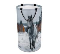 DWTJKMS Cesto portabiancheria con cavallo grigio in paesaggio invernale innevato, cesto pieghevole per vestiti sporchi con manici per il trasporto, grande cesto portaoggetti per lavanderia, dormitorio