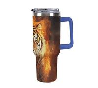 DWTJKMS Cool Tiger in Flame - Bicchiere in acciaio inox da 1,18 l, a prova di perdite, grande capacità, con manico, cannuccia a doppia parete, isolamento sottovuoto, riutilizzabile, mantiene freddo o