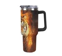 DWTJKMS Cool Tiger in Flame - Bicchiere in acciaio inox da 1,18 l, a prova di perdite, grande capacità, con manico, cannuccia a doppia parete, isolamento sottovuoto, riutilizzabile, mantiene freddo o