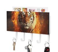 DWTJKMS Cool Tiger in Flame Portachiavi per parete, stile fattoria, montaggio a parete con 5 ganci, decorazione da parete per ingresso o atrio, 18 cm di larghezza x 4,3 cm di altezza