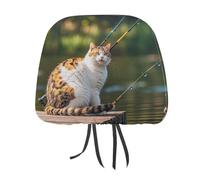 DWTJKMS Coprisedili per auto a forma di gatto da pesca, 2 pezzi, regolabili, riutilizzabili, accessori per interni auto, carini vintage, protezione per poggiatesta auto, per la maggior parte delle