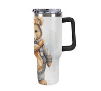 DWTJKMS Cute Bear - Bicchiere da auto in acciaio inox, a prova di perdite, grande capacità, con manico e cannuccia, a doppia parete, riutilizzabile, mantiene freddo o caldo, stile nero