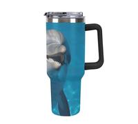 DWTJKMS Delfino con un sorriso in acciaio inox Tumbler 1,18 oz a prova di perdite grande capacità tazza auto con manico cannuccia doppia parete sottovuoto tazza isolante riutilizzabile mantiene freddo