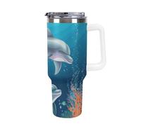 DWTJKMS Delfino e pesce in acciaio inox Tumbler 1,18 once a prova di perdite grande capacità tazza auto con manico cannuccia doppia parete sottovuoto tazza isolante riutilizzabile mantiene freddo o