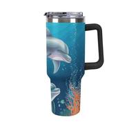 DWTJKMS Delfino e pesce in acciaio inox Tumbler 1,18 once a prova di perdite grande capacità tazza auto con manico cannuccia doppia parete sottovuoto tazza isolante riutilizzabile mantiene freddo o