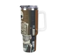 DWTJKMS Divertente bicchiere da bagno scheletro in tela in acciaio inossidabile da 1,18 l, a prova di perdite, grande capacità, tazza per auto con manico e cannuccia, tazza isolante sottovuoto a
