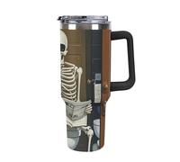 DWTJKMS Divertente bicchiere da bagno scheletro in tela in acciaio inossidabile da 1,18 l, a prova di perdite, grande capacità, tazza per auto con manico e cannuccia, tazza isolante sottovuoto a