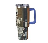 DWTJKMS Divertente bicchiere da bagno scheletro in tela in acciaio inossidabile da 1,18 l, a prova di perdite, grande capacità, tazza per auto con manico e cannuccia, tazza isolante sottovuoto a