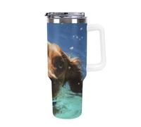 DWTJKMS Divertente bicchiere in acciaio inox a forma di cane che nuota da 1,18 l, a prova di perdite, grande capacità, tazza per auto con manico e cannuccia, a doppia parete, riutilizzabile, mantiene