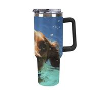 DWTJKMS Divertente bicchiere in acciaio inox con cane che nuota da 1,18 l, a prova di perdite, grande capacità, tazza per auto con manico e cannuccia, a doppia parete, riutilizzabile, mantiene freddo
