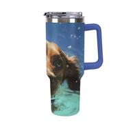 DWTJKMS Divertente bicchiere in acciaio inox con cane che nuota da 1,18 l, a prova di perdite, grande capacità, tazza per auto con manico e cannuccia, a doppia parete, riutilizzabile, mantiene freddo